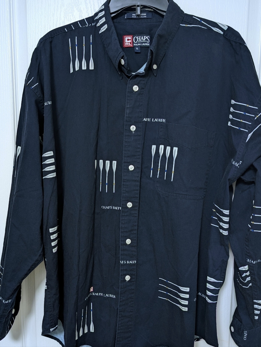 Vintage Chaps Ralph Lauren Navy Blue Button Down. Rowing Oar Print. Size XL